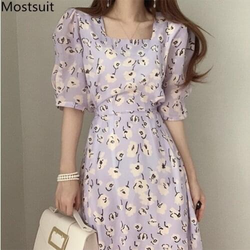 Korean Vintage Printed Women Long Dress Summer Short Sleeve Square Collar Belted Midi Dresses Sweet Elegant Ladies Vestidos 2021
