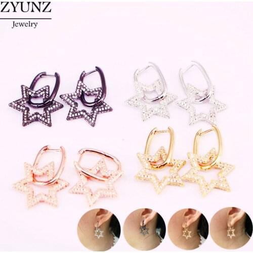 4 Pairs, Star Dangle Earrings for Women Geometric Earring Clear Micro Pave Jewelry Gold Silver color Rose Gold Metalblack Color