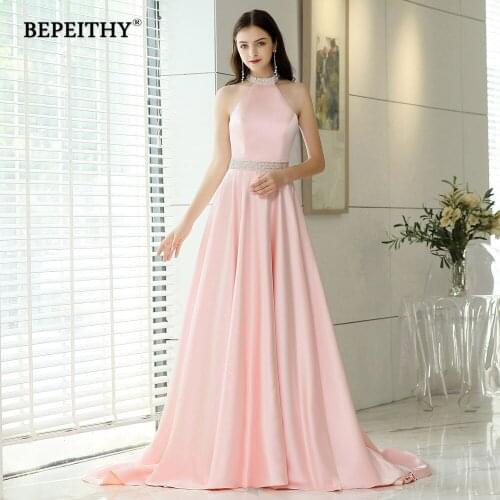 BEPEITHY Halter Long Evening Dresses With Crystal Belt Vestido De Festa Backless Court Train Pink Prom Dress Party Gowns 2021