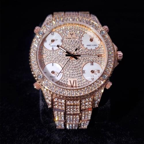Hip Hop MISSFOX Bling Rose Gold Baguette Diamond Mens Iced Top Brand Luxury Steel Silicon Quartz Clock Mens Watch Wristwatches