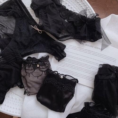 Black Lace Panties Women Lace Sexy Middle Waist Mesh Ice Silk Cotton Girls Japanese