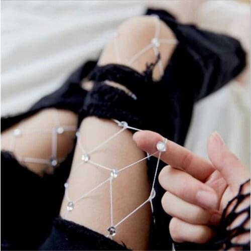 Skin color sexy women Hot drilling Grid tights Fishnet girl slim Party Club Pantyhose Stockings Rhinestone Hosiery tights