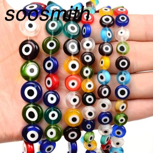 Natural Flat Round Lampwork Glazed Glass Turkish Evil Eye Beads Loose Spacer Bead For Jewlery Making Handmade Diy Accessories