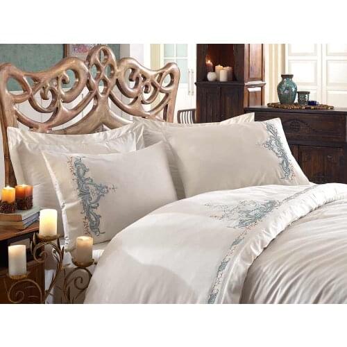 Ruching Olivia Embroideried Cotton Satin Duvet cover set Cream Mint