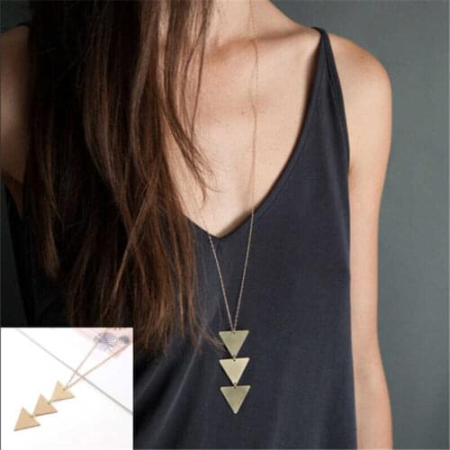 Fashion womens long chain metal glossy triangle one piece Pendant Necklace simple jewelry womens Necklace