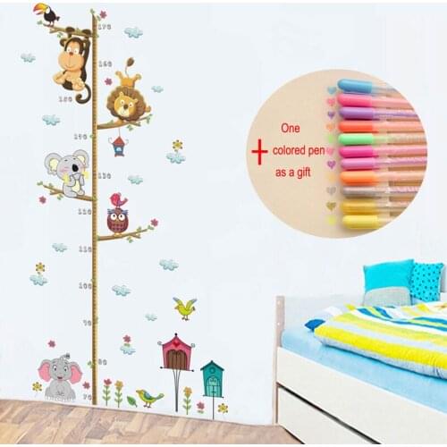 Wall Sticker For Kids Rooms Cartoon Animals Lion Monkey Elephant Height Measure Growth Chart Nursery Room Decor Gift Colored Pen