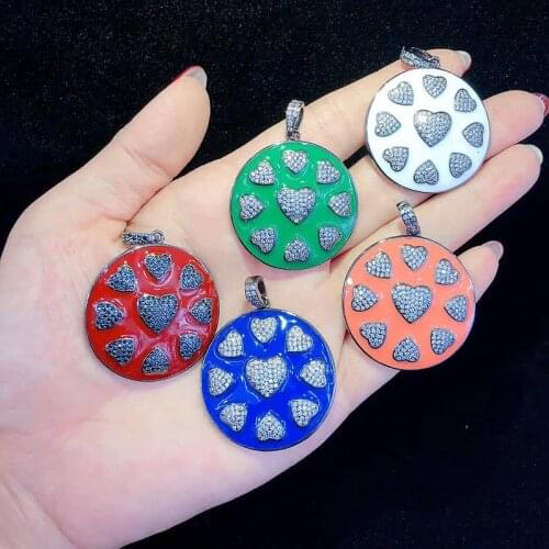 3PCS ZYZ-N0141 heart cz paved charm round pendant necklace with enamel shiny lady necklace for women jewelry