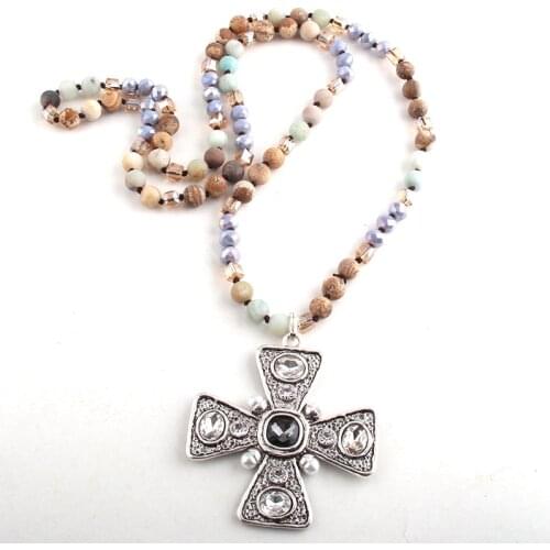 MD Fashion Bohemian Tribal Jewelry Multi Stone Glass Long Knotted Blue Stone Metal Cross Pendant Necklaces For Women Necklace