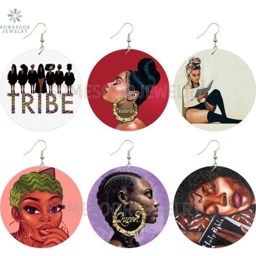 SOMESOOR Fashion Black Goddess Tribe Wooden Drop Earrings Afro Natural Hair Locs Dope Queen Both Sides Printed For Women Gifts