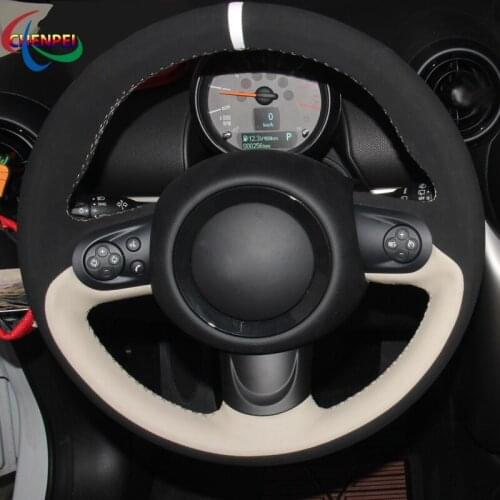 DIY Hand-Stitched Anti-Slip Black Suede Beige Leather Car Steering Wheel Cover For Mini Coupe Car Interior Decoration