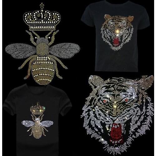 Tiger Head Hot Fix Rhinestones Transfers Motif Diamond Bee Crown iron on Transfer Patches Applique for Clothes DIY Craft
