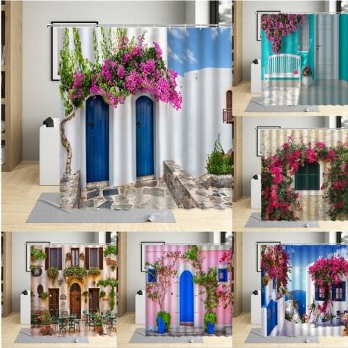 Greek City Street Scenery Shower Curtain Flower Window Blue Wooden Door Floral Plant Landscape Bathroom Curtains Set polyester