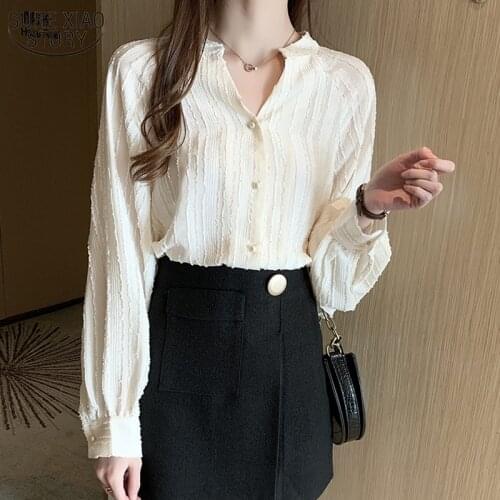 2021 Korean Style All-match V-neck Womens Shirts Long Sleeve Autumn New Jacquard Lantern Long Sleeve Blouse Woman 10510