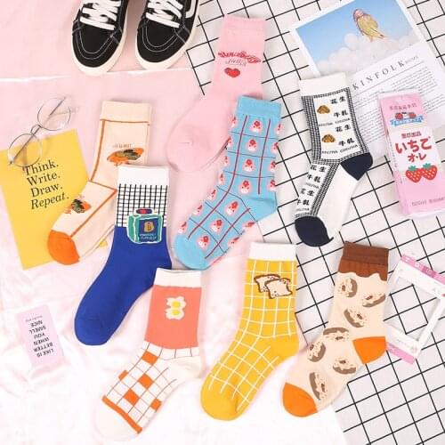 Woman Harajuku Funny Cartoon Animal Food Cotton Socks Funny Egg Bread Cookies Donuts Happy Woman Socks Kawaii Cute Girl Socks