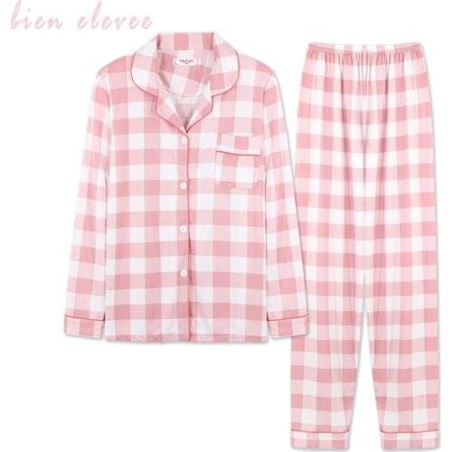 Women Pajamas Sets Sleepwear Plaid Homewear Suit Long Sleeve Turn-down Collar with Pocket Polka Dot Pyjama Femme 2Pieces Pijamas