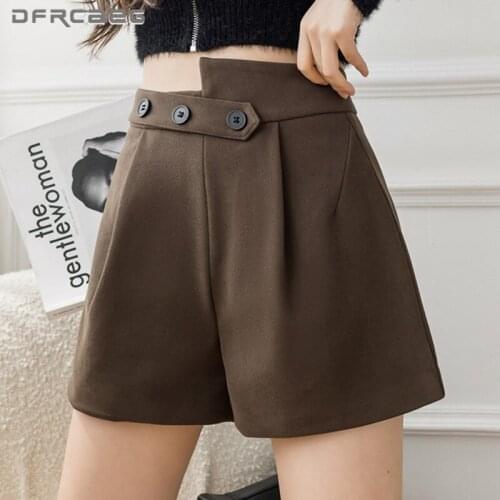 High Waist Casual Button Wool Shorts Women 2021 Autumn Winter Loose Ladies Woolen Short Trousers For Boots Coffee