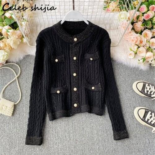 Elegant Chic Knit Cropped Sweater Woman Autumn Winter Single Breasted O Neck Knitted Cardigan Female Black Runway OL Knit Coat