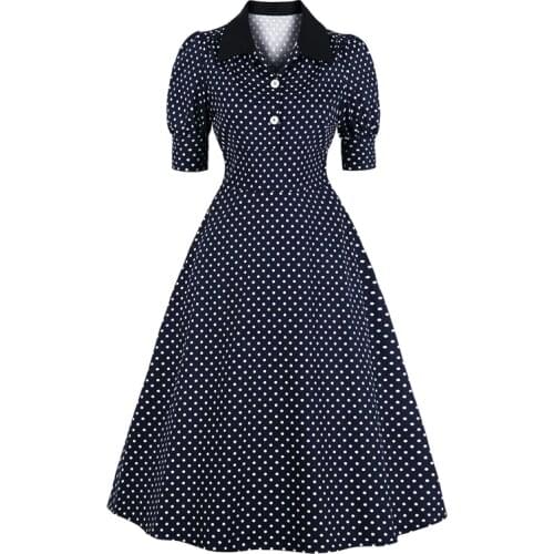 2021 Puff Sleeve Button Up Polka Dot Vintage Style Party Long Dress 50s Women Elegant High Waist Cotton Pinup Midi Dresses