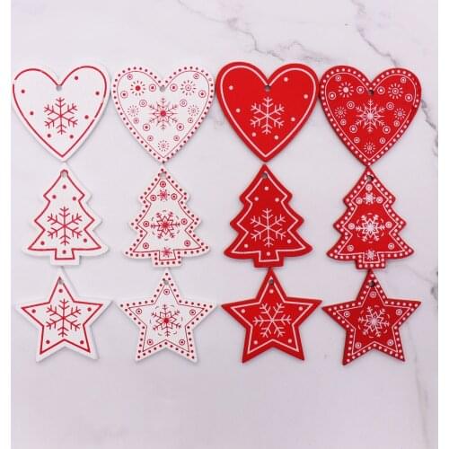 10pcs DIY White&Red Tree/Heart/Star Wooden Pendants Ornaments for Christmas Party DIY Hanging Supplies Kids Gifts Decorations