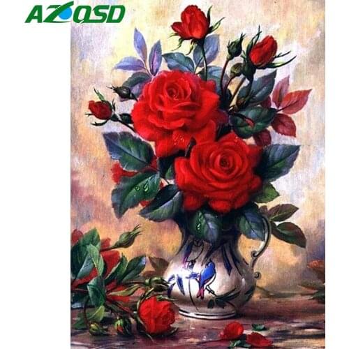 AZQSD Diamond Embroidery Rose Flower Vase Cross Stitch Needlework Rhinestones Picture Full Kits Diamond Mosaic Floral Home Decor