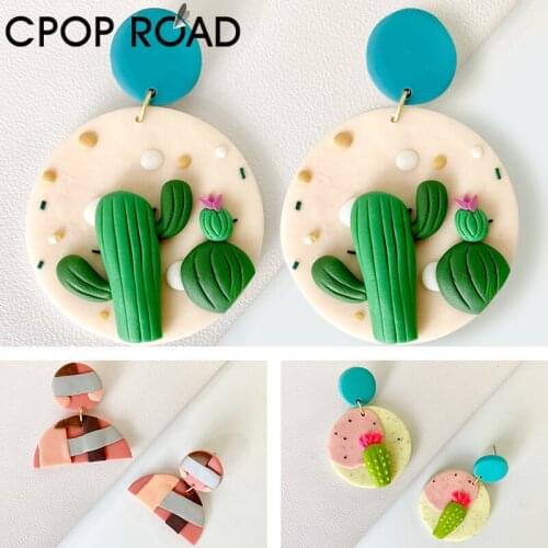 Cpop Cactus Polymer Clay Earrings for Women Geometric Round Splicing Handmade Dangle Earrings Fashion Jewelry Hot Sale Girl Gift