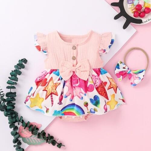 2Pcs Lovely Romper Dress Sets For Newborn Baby Girls Outfits Fly Sleeve Bowknot Button Skirt-like Romper+Headband Infant Clothes