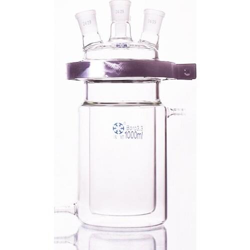 Double-layer cylindrical flat bottom open reactor bottle 1000ml,150mm flange,With iron clip,Cover with four ground mouth 24/29