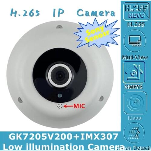 Built-In MIC 1.7mm Panorama FishEye IP Dome Camera Sony IMX307+3516E Low illumination 3MP H.265 IRC ONVIF VMS XMEYE P2P Radiator