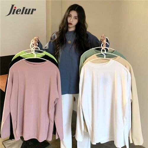 Jielur Autumn T Shirt Women Loose Solid Color Long Sleeve New Tee Shirt Split O-neck Femme Winter Tshirt Basic White T-shirt