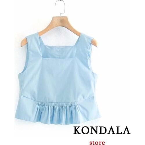 KONDALA ZA Fashion 2021 Women Blue Poplin Sleeveless Short Sexy Sweet Square Collar Ladies Tshirt Mujer Tops