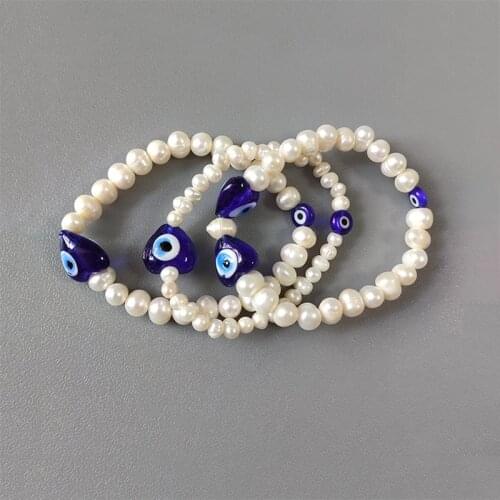 2021 Fashion Blue Evil Eye Stretch Bracelet Natural Freshwater Pearl Faceted Crystal Bead Bangle Set парные браслеты браслеты
