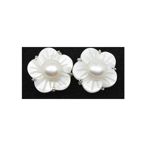Natural White Freshwater Pearl Shell Flower 925 Silver Earring Silver natural gem/stone/coral/opal Marcasite