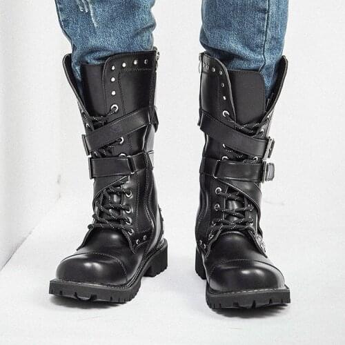 New Fashion Motorcycle Boots Men Punk Metal Knight Boots British Boots High Martin Boots Large Size Leather Boots Men Army Boots