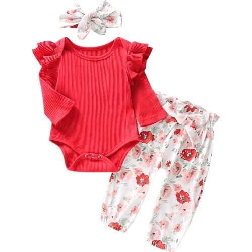 Baby Infant Girls Two Piece Outfits Fly Long Sleeve Solid Romper Floral Pants Headband Newborn Toddler Girl Autumn Sets 0-18M