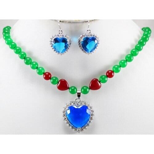 8MM Green Jadestone necklace Sky Blue crystal Pendant Drop earring Jades Jewelry set