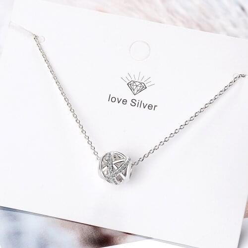 Simple 925 Sterling Sliver Round Transshipment beads Zircon Infinity Ball Pendant Necklace For Women Chain collares kolye