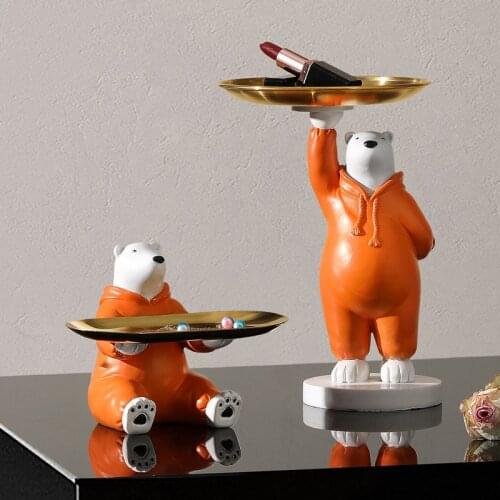 Polar Bear Figurine with Tray For Keys Jewelry Backkom Bear Statue With Plate For Table Ornaments Home Decoration Accessories