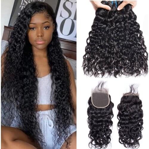 Water Wave Bundles with Closure Maxine Wet and Wavy Curly Human Hair Bundles with Closure Frontal Remy 3 4 Bundles with Closure