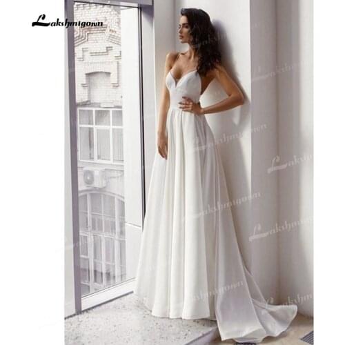 Glamorous Soft Satin A-Line Wedding Dresses Spaghetti Straps Low Neck Sleeveless Simple Back Criss-Cross Sweep Train Bride Gowns