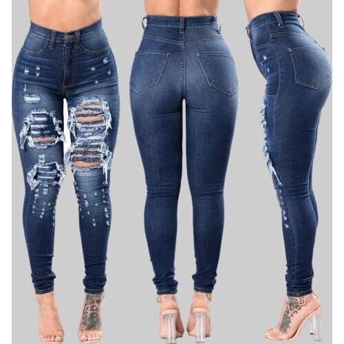 Luxury Womens Ripped Denim Pants Black Blue Color Fashion Ladies Pants