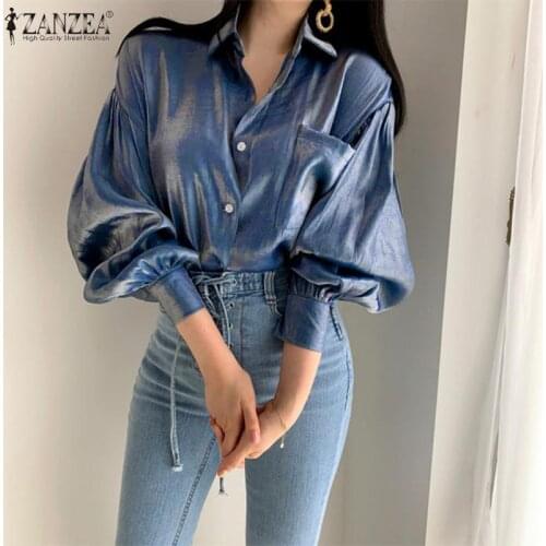 ZANZEA Gradient Color Shirts Female Elegant Lapel Button Blusa Casual Puff Sleeve Top Womens 2021 Fashion Bright Blouse Oversize