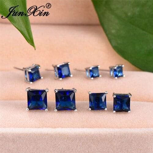 Simple Stacking 4/5/6/7MM Square Stone Earrings Royal Blue Zircon Crystal Stud Earrings For Women Wedding Men Ear Studs