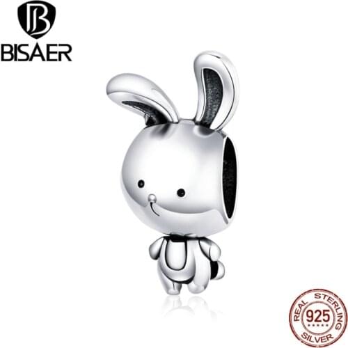 BISAER Cute Bunny Beads 925 Sterling Silver Little Rabbit Charm Pendant Fit DIY Bracelet Necklace Lovely Jewelry Gift ECC1517