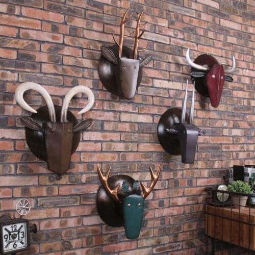 Home Statue Decoration Accessories Retro Industrial Style Goat Elk Skull Sculpture Room Wall Decor Metal Mountain Statues Gifts
