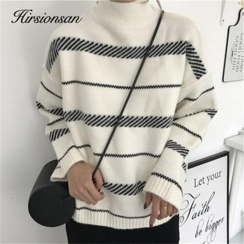 Hirsionsan Sweater Women Striped Half turtleneck Thicken Soft Pullovers Oversized Knitted Long Sleeve Femme Tops Winter Jumper
