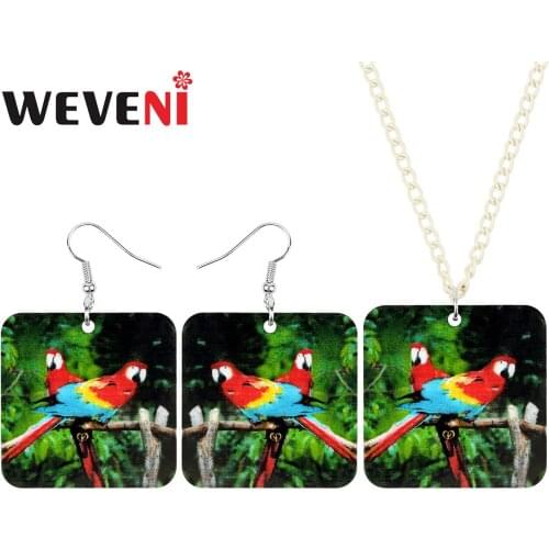 WEVENI Acrylic Square Macaws Parrot Bird Jewelry Sets Printing Novelty Animal Necklace Earrings For Women Kid Fashion Party Gift