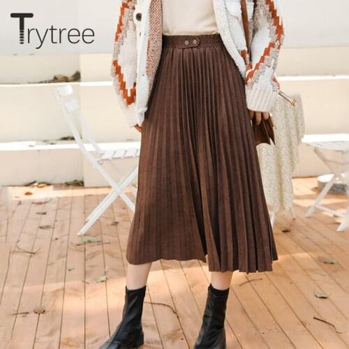 Trytree Autumn Winter Casual Woman Skirt Solid Elastic Waist Pleated Corduroy Mid-Calf Fashion A-line Thick Office Lady Skirt