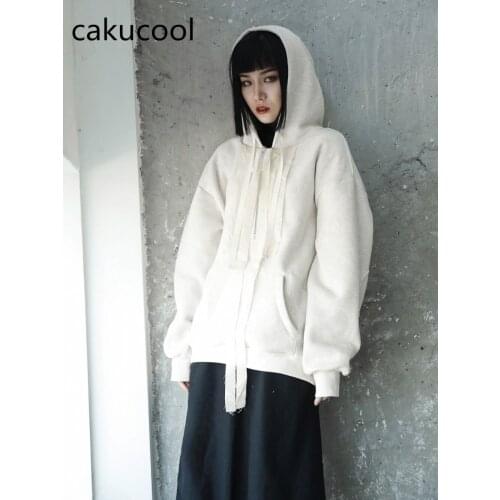 Cakucool New Women White Japanese Fleece Thickened Hooded Collar long Sleeve Casual Top Female Solid Casual Sweatshirt