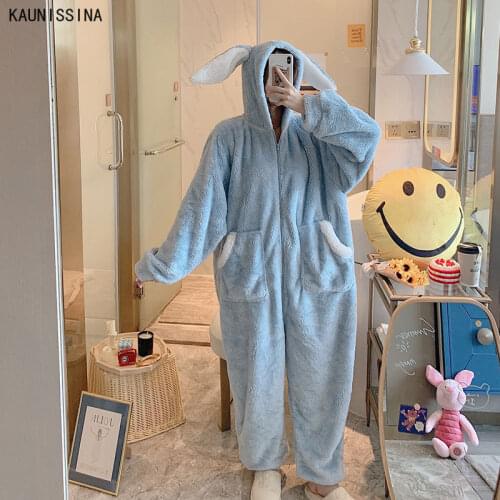 Women Hooded Onesies Pajamas Long Warm Winter Adult Zipper One Piece Pajamas Coral Fleece Thick Cartoon Onesie Female Sleepwear