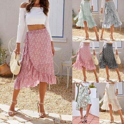 Womens Boho Ditsy Floral Tie Knot Wrap High Waist Ruffle Hem Midi Skirt with Slit